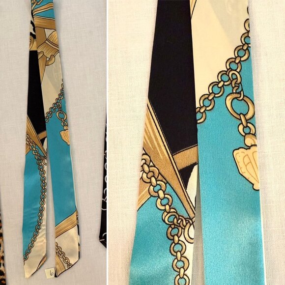 Turquoise Chain Print Slim Silk Scarf 34in Nautical Glam Retro Style Hairband - Picture 2 of 7